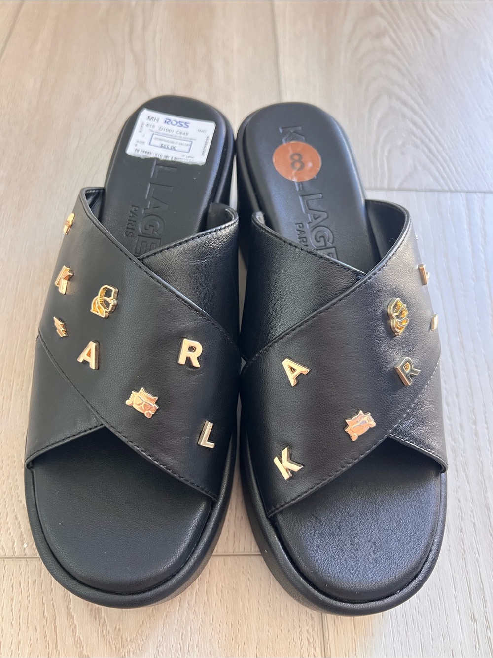 Karl Lagerfeld Black Leather Crossband Slide Sandals with Gold Accents